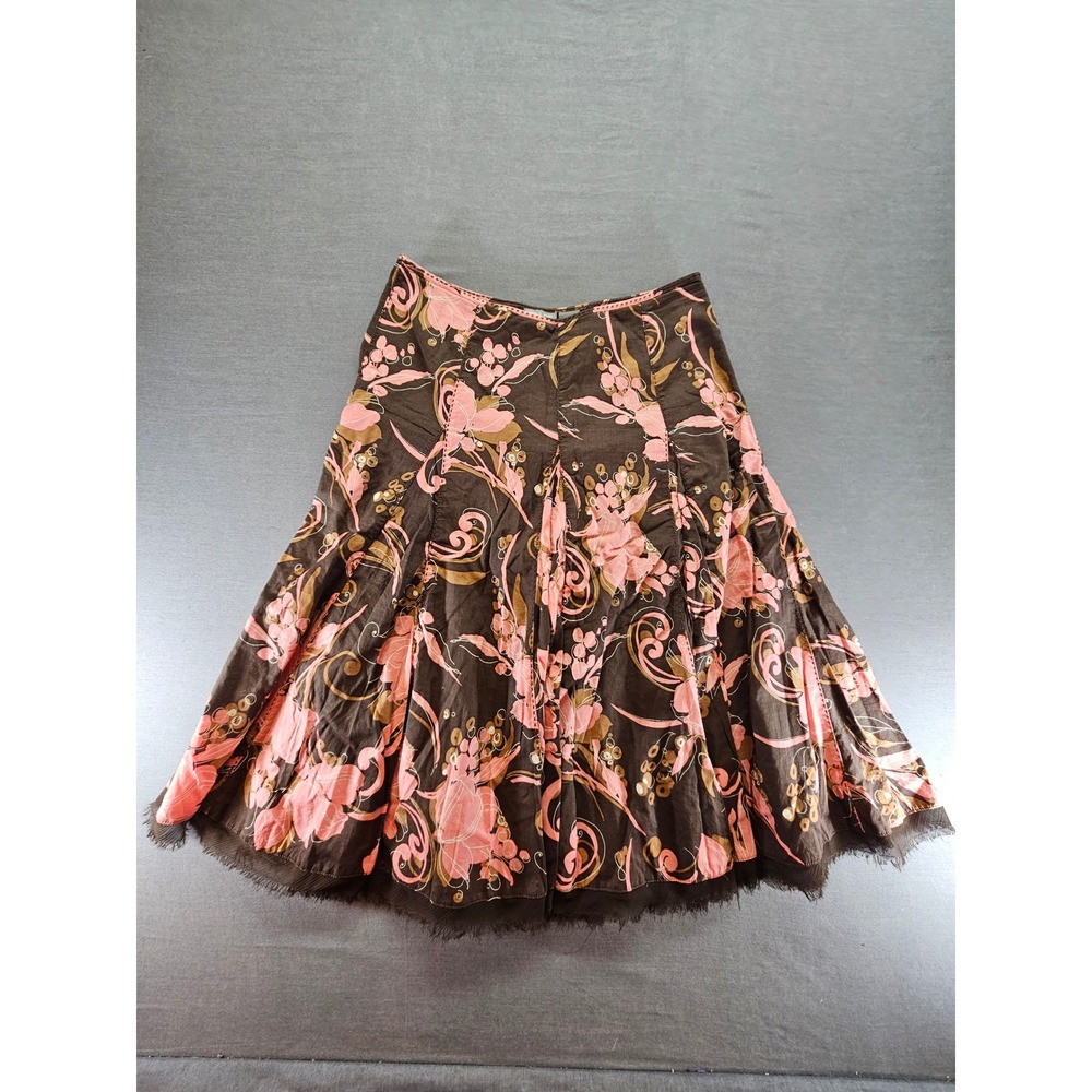 Apt. 9 Petite Brown Pink Floral Cotton A-Line Midi Skirt Size 4P Boho Frayed Hem